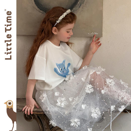 littletime法式白色蓝猫印花水晶短袖T恤女宽松显瘦卡通上衣 商品图1