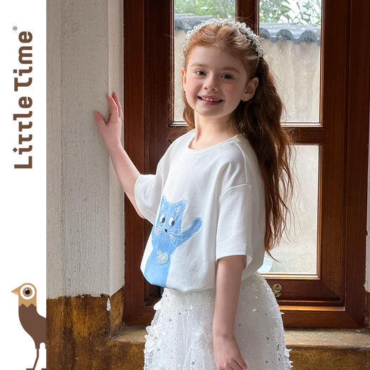littletime法式白色蓝猫印花水晶短袖T恤女宽松显瘦卡通上衣 商品图3