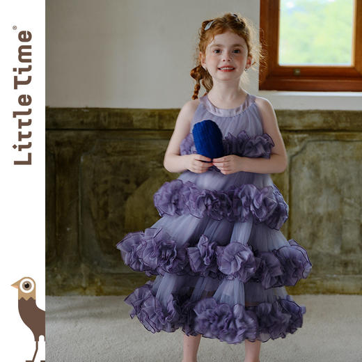 littletime女童紫色网纱蛋糕裙重工花边紫霞公主风蓬蓬礼服裙 商品图0