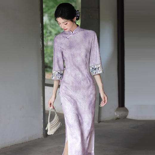 紫色国风新中式苏州秋季中袖旗袍改良年轻款复古修身收腰春旗袍SC22022 商品图1