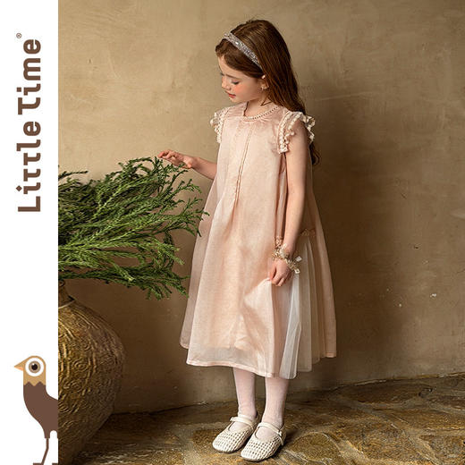 littletime2026春夏女童甜美公主小飞袖蕾丝花边天丝莱赛尔连衣裙 商品图4