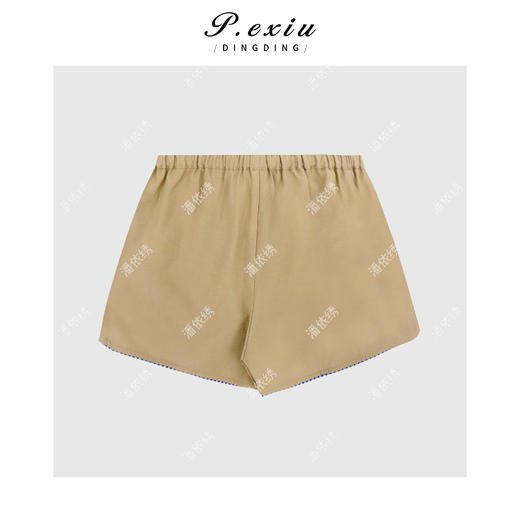 03-2潘依绣丁丁宠粉小众刺绣撞色系带松紧腰休闲短裤Q5598 商品图1