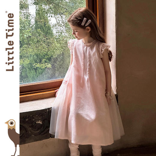 littletime2026春夏女童甜美公主小飞袖蕾丝花边天丝莱赛尔连衣裙 商品图0