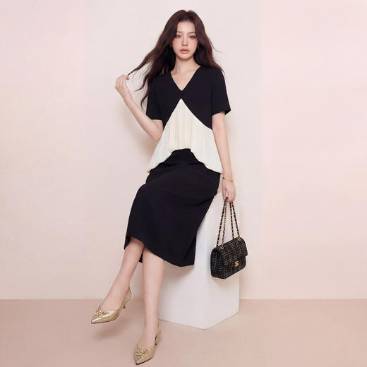 奢姿大码女装2026夏季撞色拼接半裙套装V领遮肉通勤中长裙两件套9962960039 商品图4