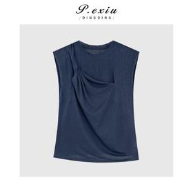 03-2潘依绣丁丁宠粉设计感纽折灵动坎肩圆领无袖T恤Q6954