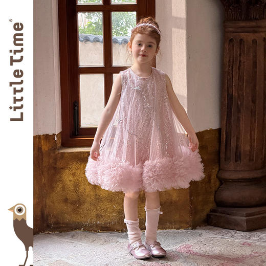 littletime亮片蝴蝶结网纱连衣裙女童公主裙粉色蓬蓬礼服背心裙 商品图4