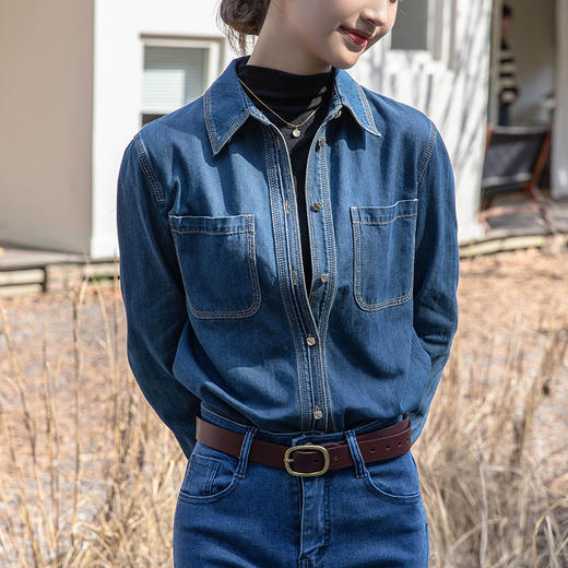 百媚生 叠穿设计感小众复古港味蓝色牛仔衬衫965 商品图3