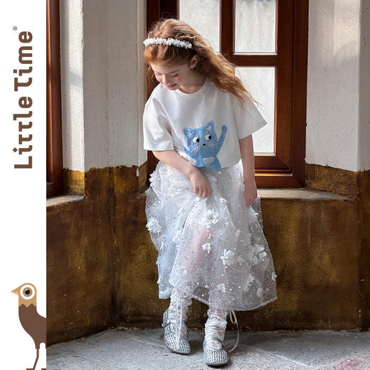 littletime法式白色蓝猫印花水晶短袖T恤女宽松显瘦卡通上衣 商品图2