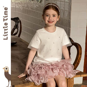 littletime法式甜美风白色圆领短袖T恤女童水晶珠子装饰上衣