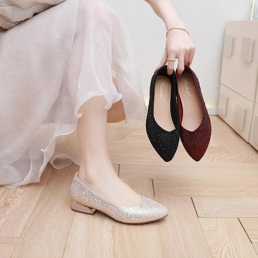 丁摩 春秋烫钻酒时尚单鞋女浅口尖头女软底舒适感女中跟鞋6ZF-2327 商品图0