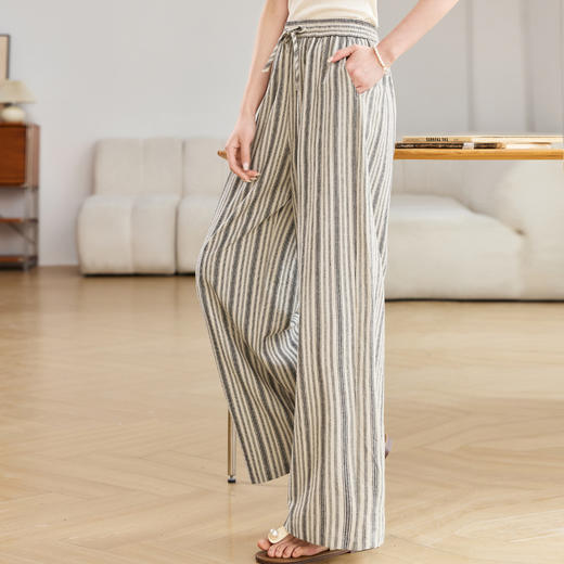 百媚生 休闲条纹阔腿裤抽绳松紧高腰直筒裤BKDYL241 商品图2
