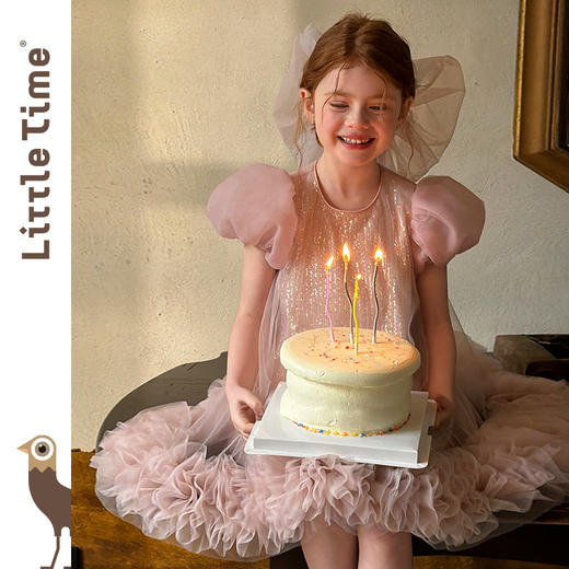 littletime女童泡泡袖亮片网纱连衣裙粉色公主洋气蓬蓬裙生日礼服 商品图0