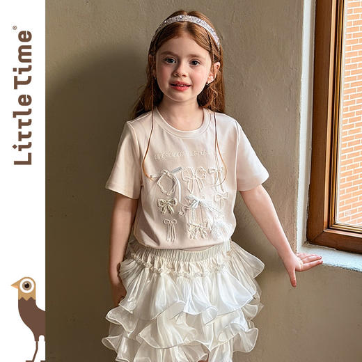 littletime美式甜心风刺绣印花T恤女短袖圆领白色度假风上衣 商品图4