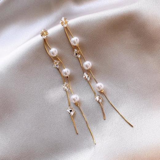 雀说 金色锆石珍珠流苏耳环女小众设计轻奢高级感耳饰EH23789 商品图1