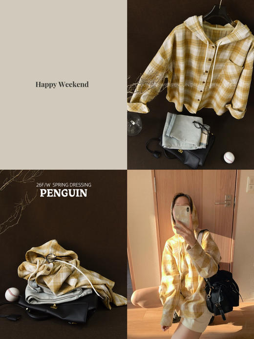 橘子味的春天黄格纹连帽衬衫外套 商品图3