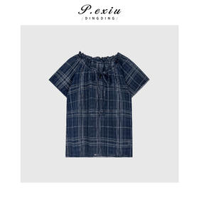 03-2潘依绣丁丁宠粉100%棉减龄慵懒格纹俏皮短袖T恤 T2502