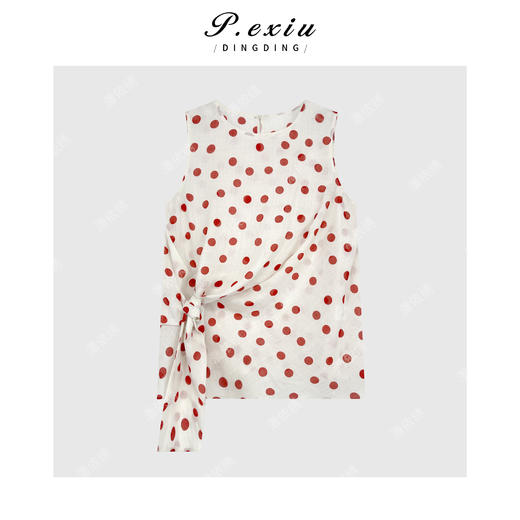 03-2潘依绣丁丁宠粉100%苎麻法式度假风波点绑带无袖背心 M8944 商品图1