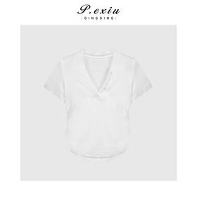03-2潘依绣丁丁宠粉V领排扣褶皱收腰气质显瘦短袖T恤 Q16710