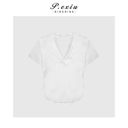 03-2潘依绣丁丁宠粉V领排扣褶皱收腰气质显瘦短袖T恤 Q16710 商品图0