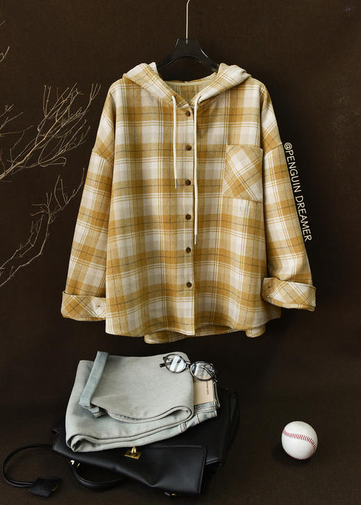 橘子味的春天黄格纹连帽衬衫外套 商品图0