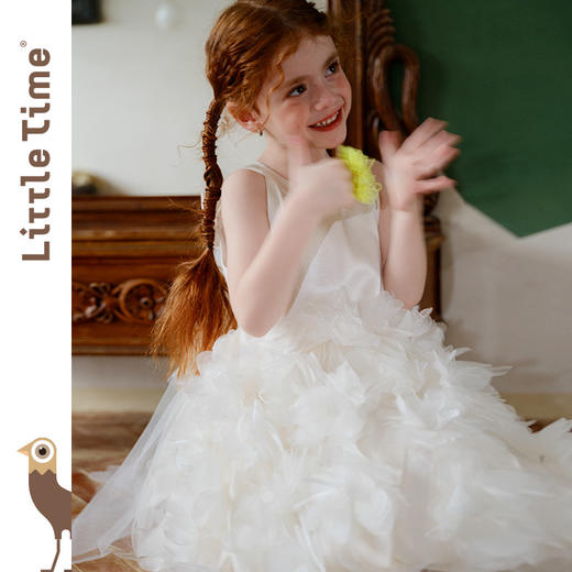 littletime26春夏女童公主婚纱挂脖网纱连衣裙白色立体花朵蛋糕裙 商品图1