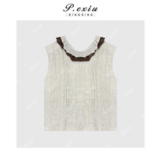 03-2潘依绣丁丁宠粉麻料拼接花边色织格纹U领无袖背心Q17350 商品图1
