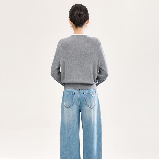 早春款绢丝羊毛细坑条针织衫，简约知性玫瑰花设计休闲上装WLZD2601104 商品图1