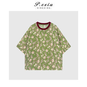 03-2潘依绣丁丁宠粉夏季新款印花撞色圆领短袖衬衫 Q21237