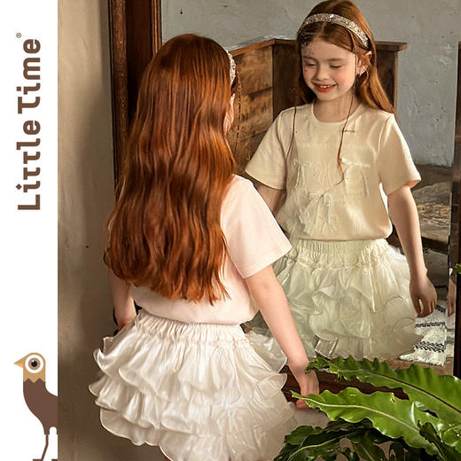 littletime美式甜心风刺绣印花T恤女短袖圆领白色度假风上衣 商品图1