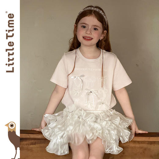 littletime美式甜心风刺绣印花T恤女短袖圆领白色度假风上衣 商品图3