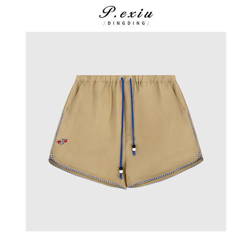 03-2潘依绣丁丁宠粉小众刺绣撞色系带松紧腰休闲短裤Q5598 商品图0