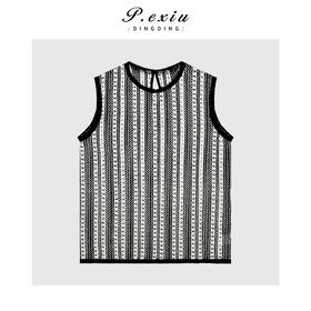 03-2潘依绣丁丁宠粉蕾丝拼接撞色竖条纹无袖背心Q5549