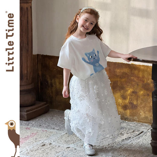 littletime法式白色蓝猫印花水晶短袖T恤女宽松显瘦卡通上衣 商品图4