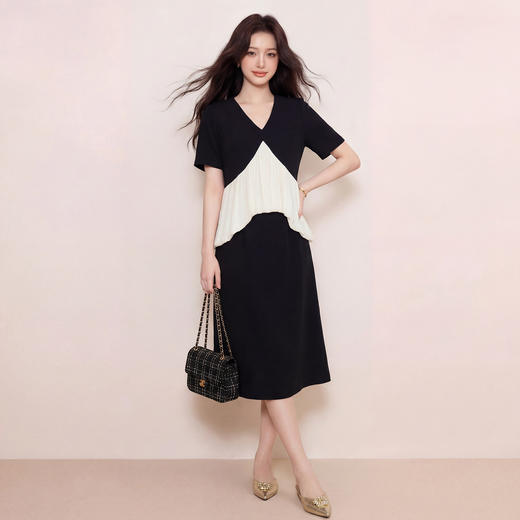 奢姿大码女装2026夏季撞色拼接半裙套装V领遮肉通勤中长裙两件套9962960039 商品图0