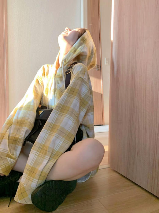 橘子味的春天黄格纹连帽衬衫外套 商品图8