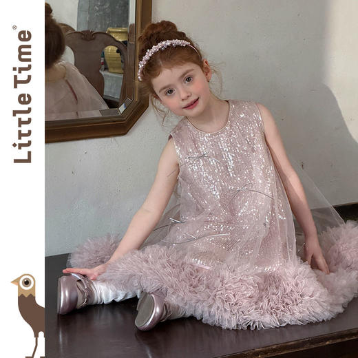 littletime亮片蝴蝶结网纱连衣裙女童公主裙粉色蓬蓬礼服背心裙 商品图0