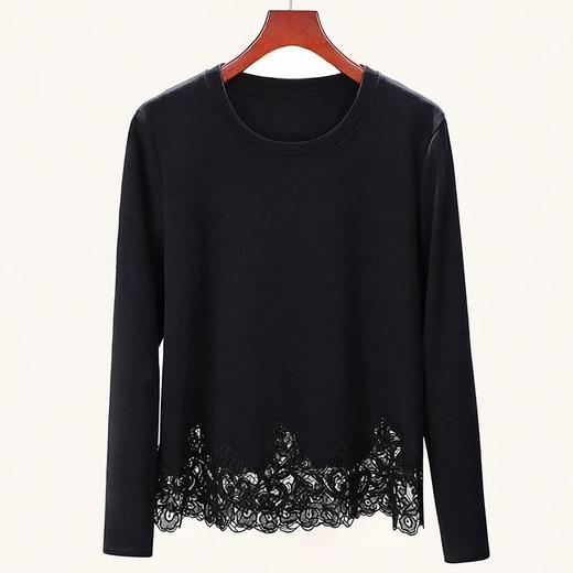 丁摩 新疆棉蕾丝下摆拼接白色T恤女长袖春季新款百搭圆领显瘦上衣6ZF-W912 商品图1