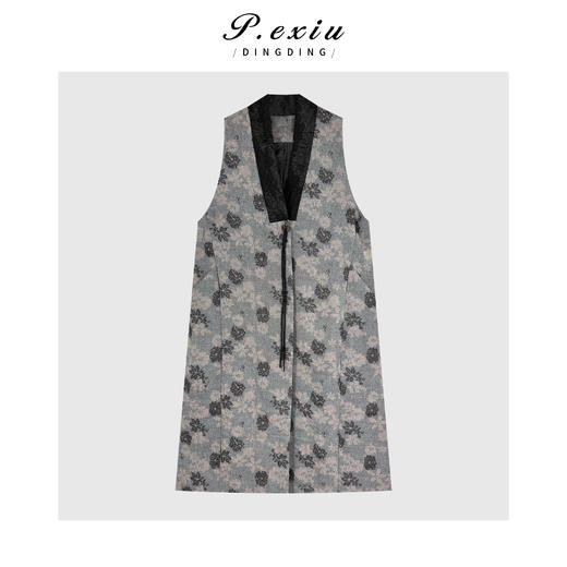 03-2潘依绣丁丁宠粉小众复古重磅撞色拼接刺绣气质V领无袖连衣裙Q45695 商品图0