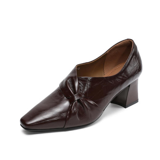 雀说 头层牛皮尖头真皮中跟小皮鞋法式粗跟单鞋女ZM269069 商品图4