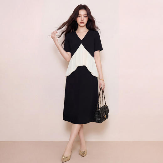 奢姿大码女装2026夏季撞色拼接半裙套装V领遮肉通勤中长裙两件套9962960039 商品图1