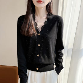 百媚生 小香风蕾丝边V领针织衫女长袖薄款开衫NJR-609A-38
