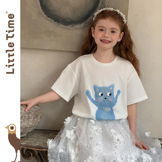 littletime法式白色蓝猫印花水晶短袖T恤女宽松显瘦卡通上衣 商品图0