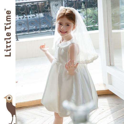 littletime白色娃娃领泡泡袖韩式婚礼水光缎花童婚纱连衣裙带头纱 商品图4