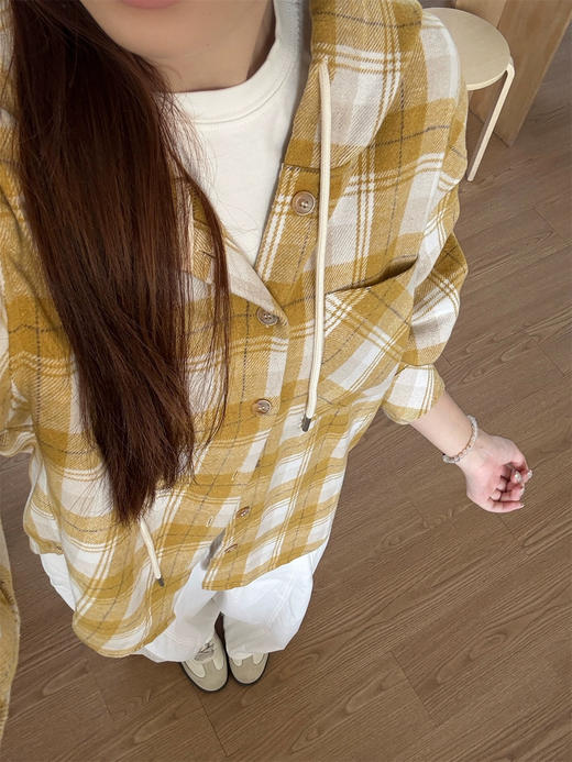 橘子味的春天黄格纹连帽衬衫外套 商品图14