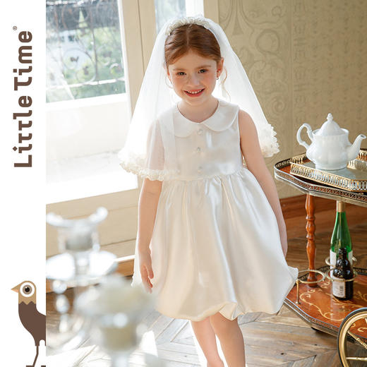 littletime白色娃娃领泡泡袖韩式婚礼水光缎花童婚纱连衣裙带头纱 商品图3