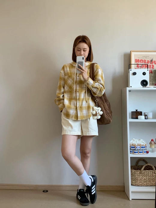 橘子味的春天黄格纹连帽衬衫外套 商品图5