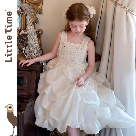 littletime法式高级感白色吊带连衣裙女童蛋糕裙公主风轻奢礼服 商品图0