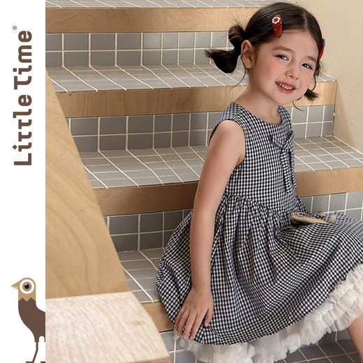 littletime甜美可爱风蝴蝶结格子连衣裙少女花边蛋糕裙显白短裙 商品图1