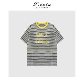 03-2潘依绣丁丁宠粉百搭撞色条纹浮线字母圆领短袖T恤Q9641