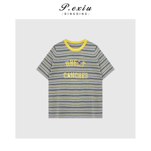 03-2潘依绣丁丁宠粉百搭撞色条纹浮线字母圆领短袖T恤Q9641 商品图0